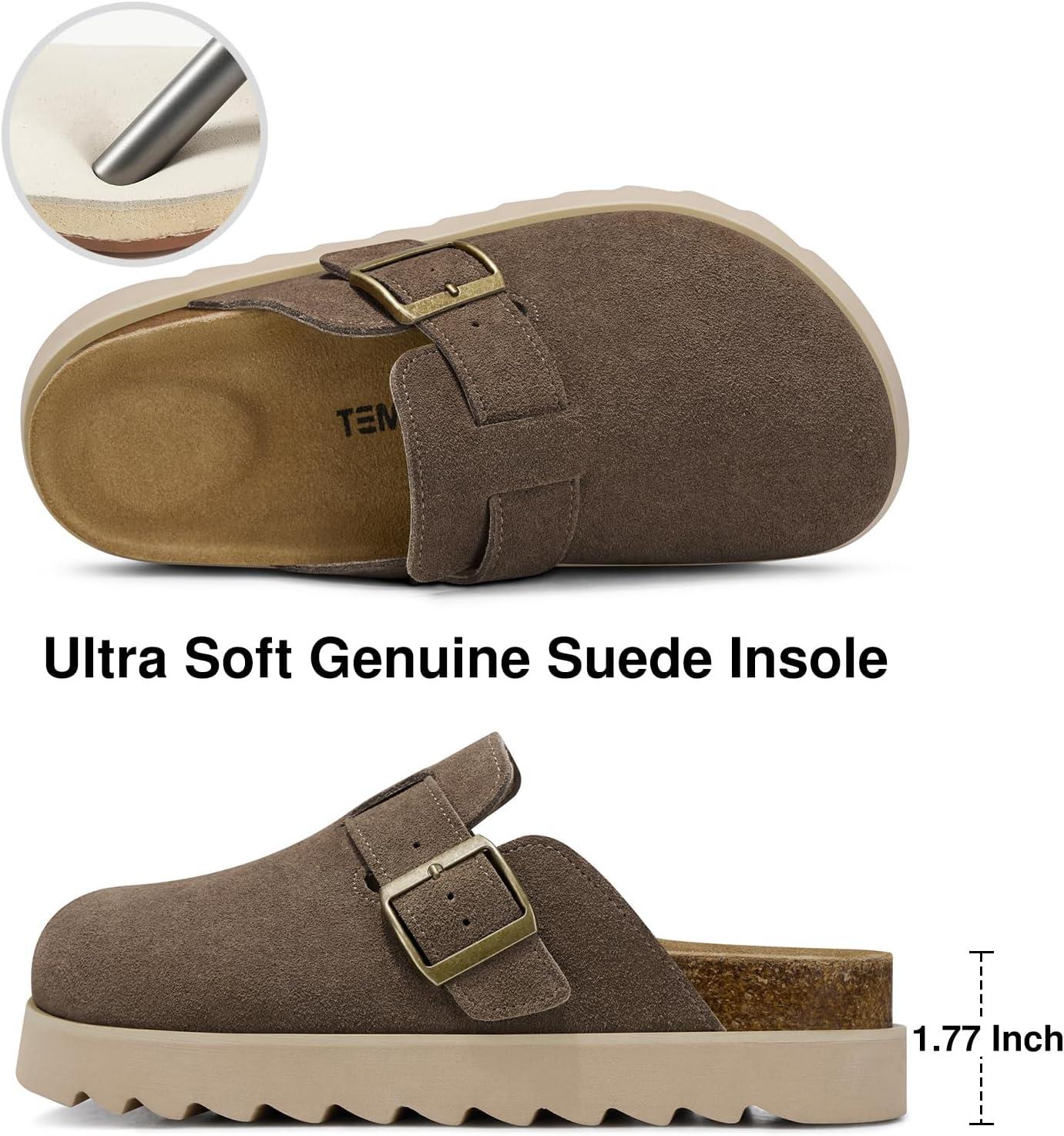 image:imageTEMOFON Womens Platform Clogs Shoes Genuine Leather Slip on Mules Comfortable Cork Footbed Closed Toe Sandals ShoesBrown