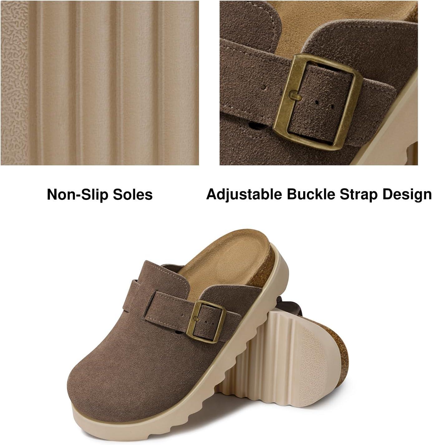 image:imageTEMOFON Womens Platform Clogs Shoes Genuine Leather Slip on Mules Comfortable Cork Footbed Closed Toe Sandals ShoesBrown