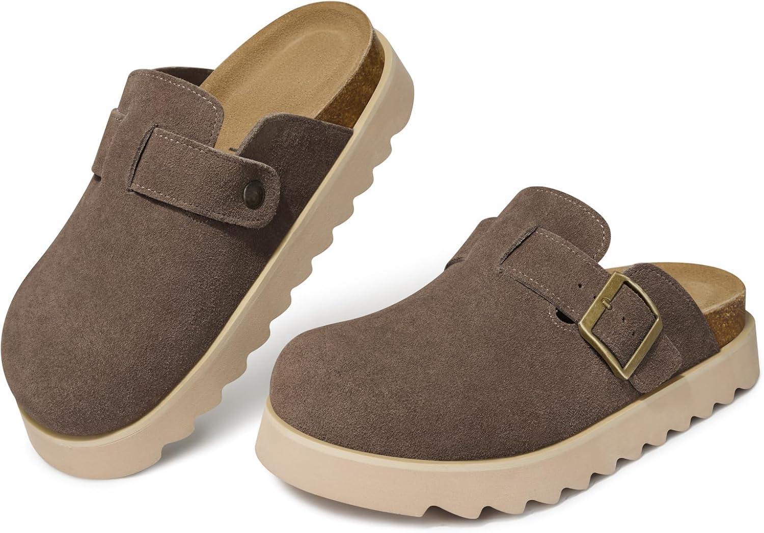 image:imageTEMOFON Womens Platform Clogs Shoes Genuine Leather Slip on Mules Comfortable Cork Footbed Closed Toe Sandals ShoesBrown