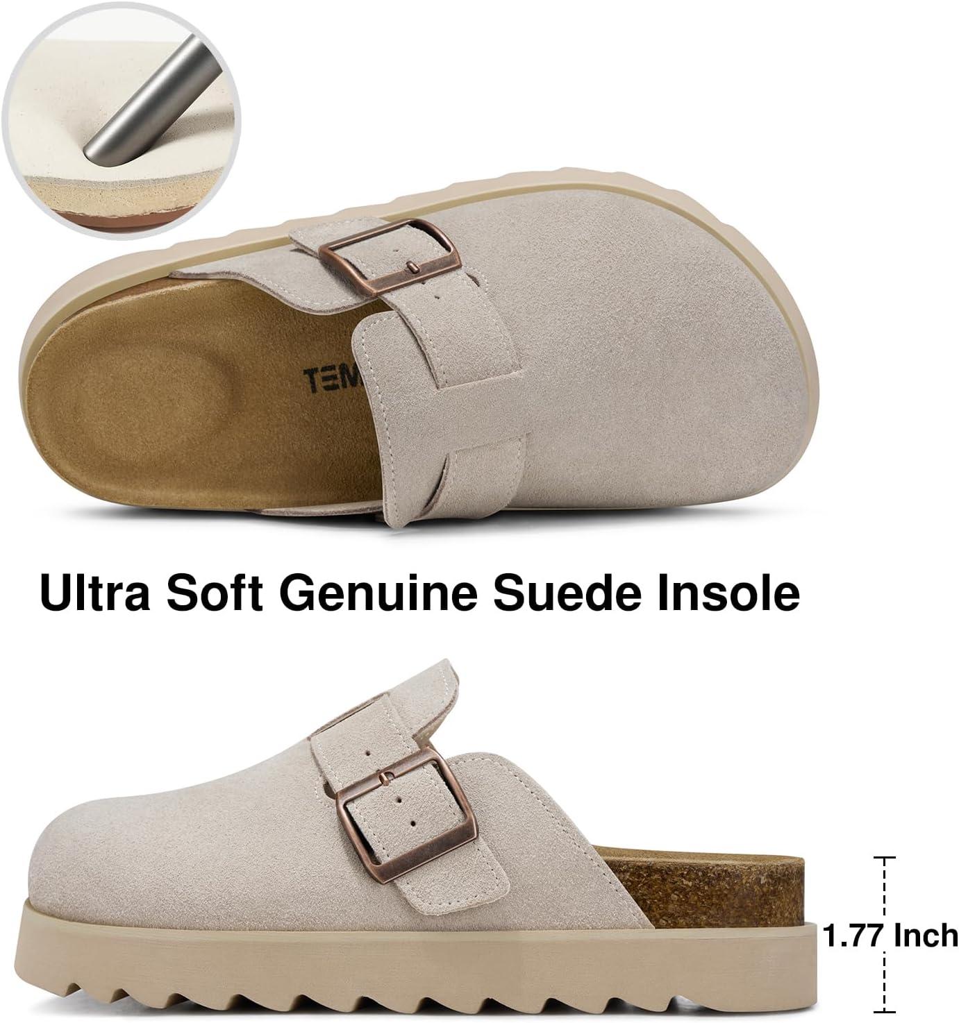 image:imageTEMOFON Womens Platform Clogs Shoes Genuine Leather Slip on Mules Comfortable Cork Footbed Closed Toe Sandals ShoesGrey