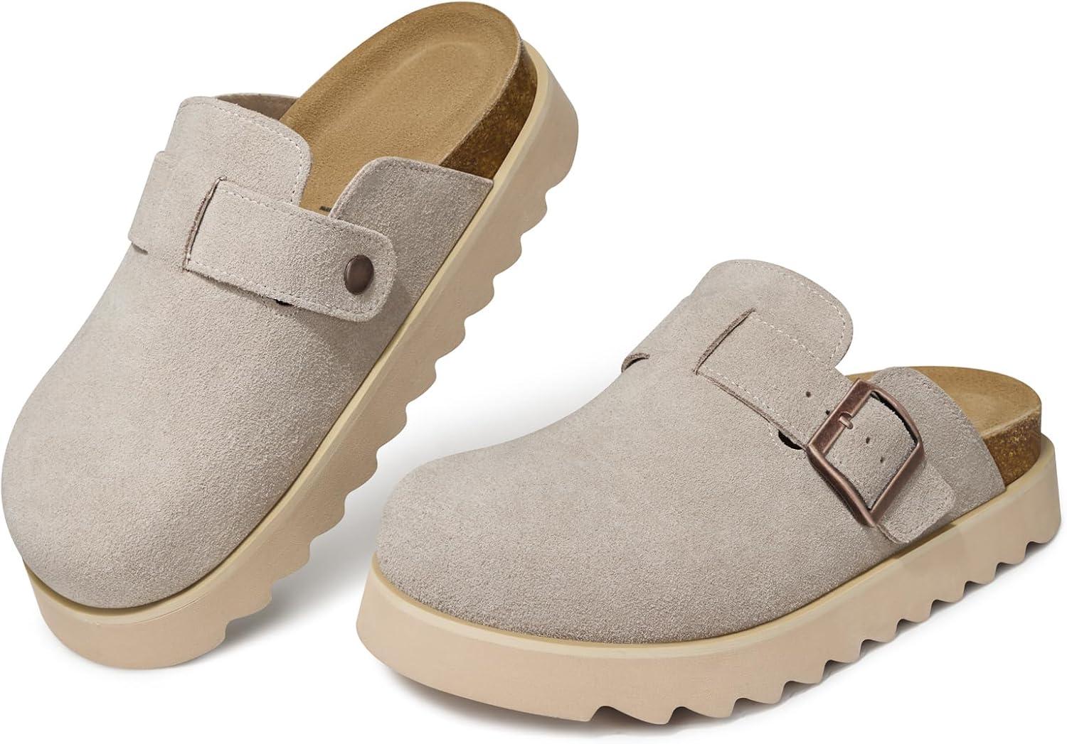 image:imageTEMOFON Womens Platform Clogs Shoes Genuine Leather Slip on Mules Comfortable Cork Footbed Closed Toe Sandals ShoesGrey