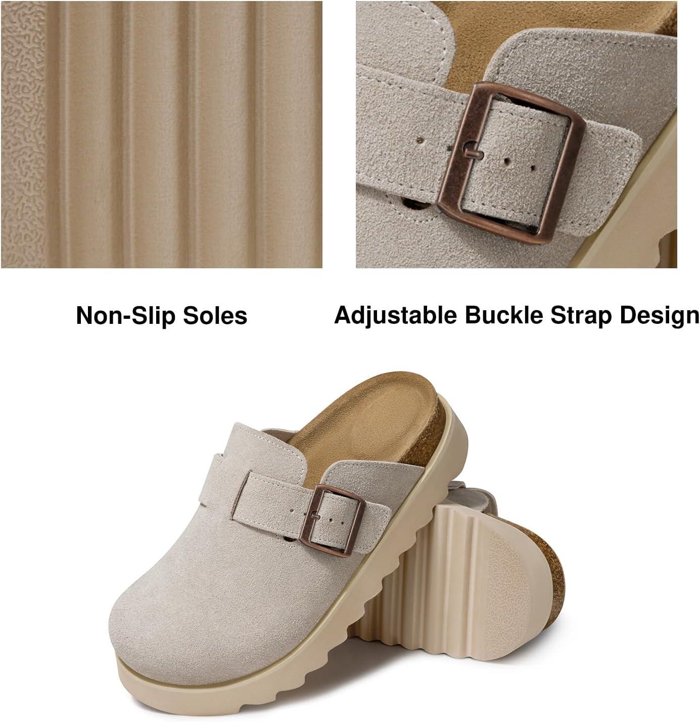 image:imageTEMOFON Womens Platform Clogs Shoes Genuine Leather Slip on Mules Comfortable Cork Footbed Closed Toe Sandals ShoesGrey