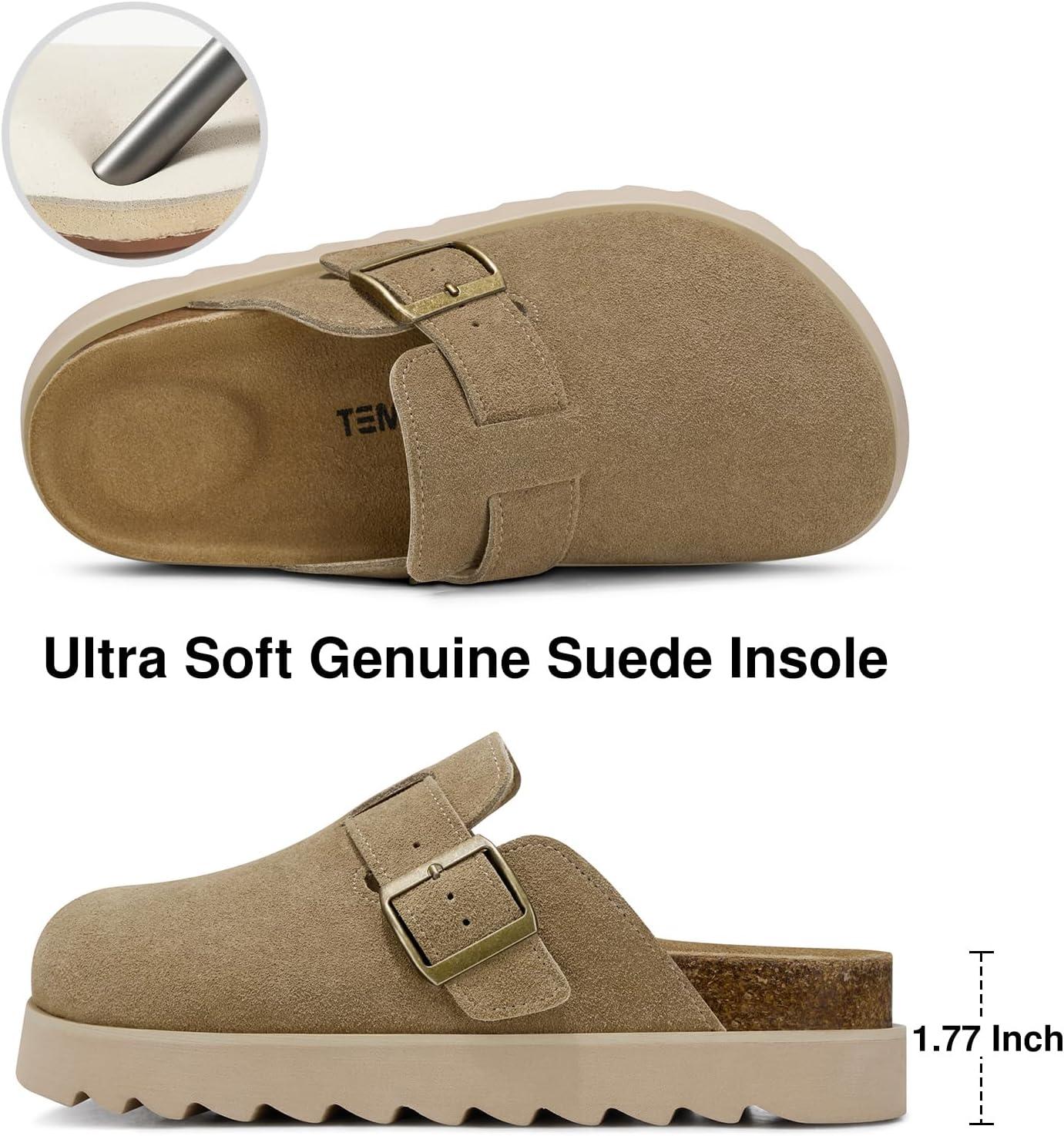 image:imageTEMOFON Womens Platform Clogs Shoes Genuine Leather Slip on Mules Comfortable Cork Footbed Closed Toe Sandals ShoesTaupe