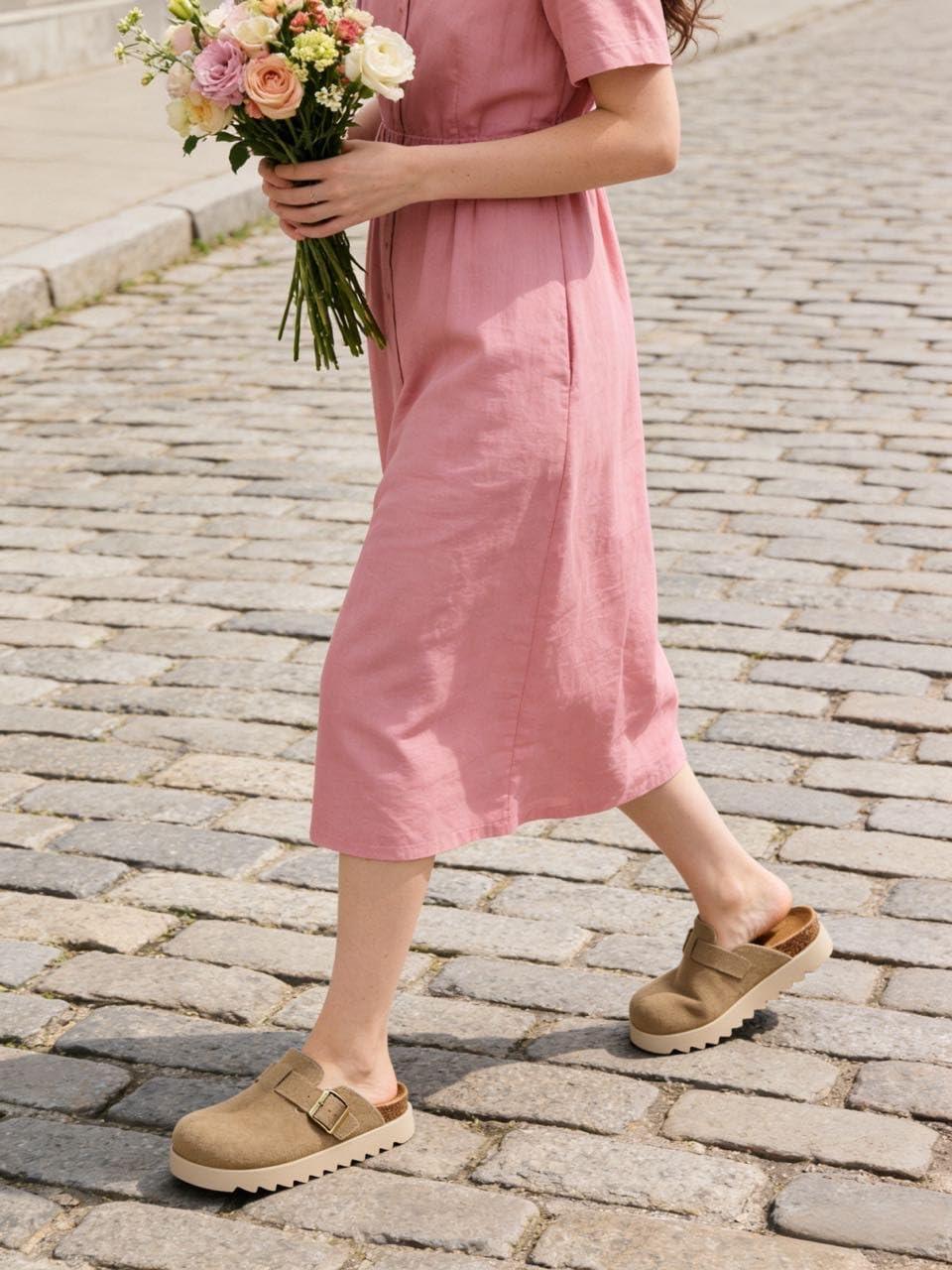 image:imageTEMOFON Womens Platform Clogs Shoes Genuine Leather Slip on Mules Comfortable Cork Footbed Closed Toe Sandals ShoesTaupe