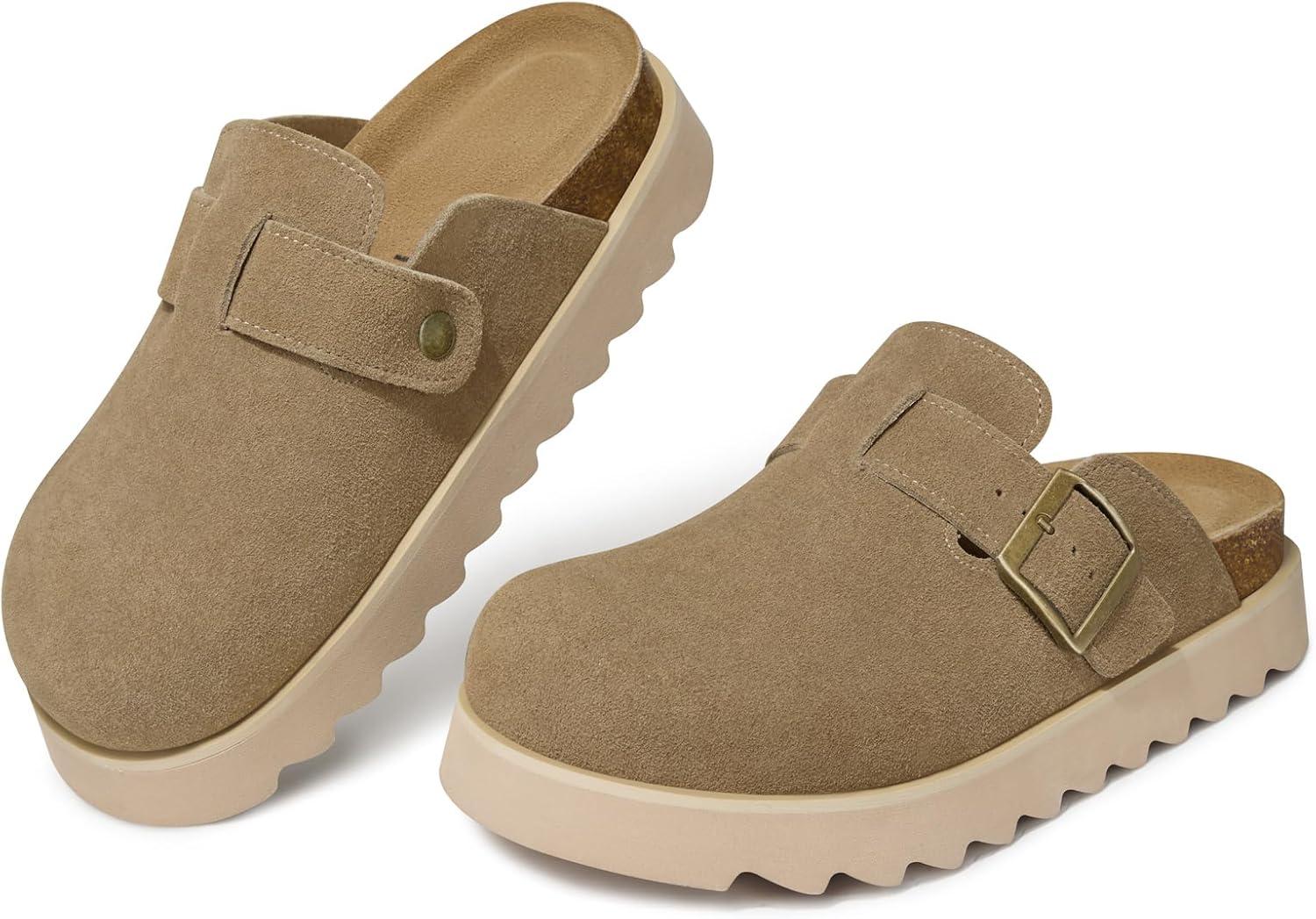 image:imageTEMOFON Womens Platform Clogs Shoes Genuine Leather Slip on Mules Comfortable Cork Footbed Closed Toe Sandals ShoesTaupe