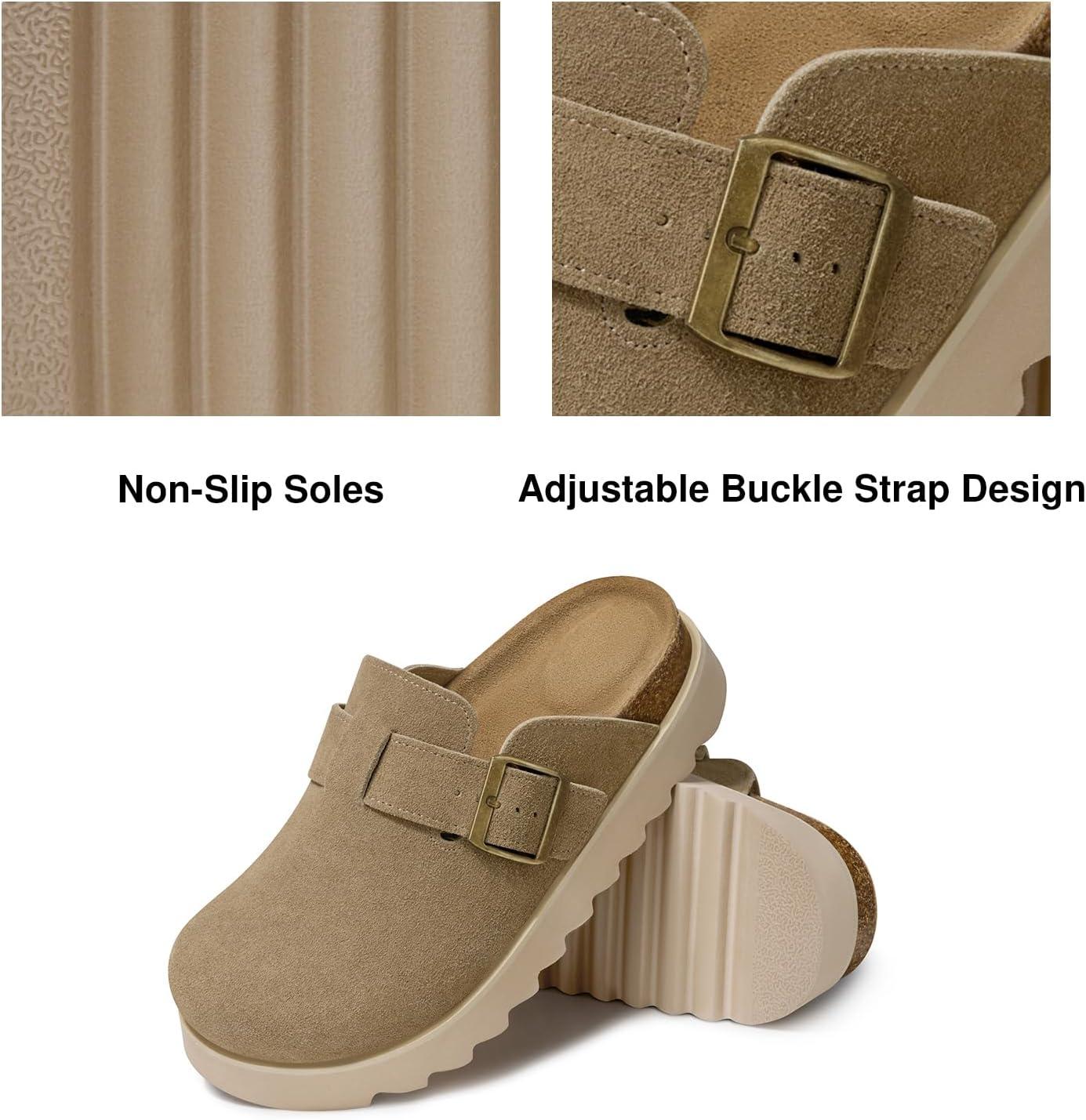 image:imageTEMOFON Womens Platform Clogs Shoes Genuine Leather Slip on Mules Comfortable Cork Footbed Closed Toe Sandals ShoesTaupe