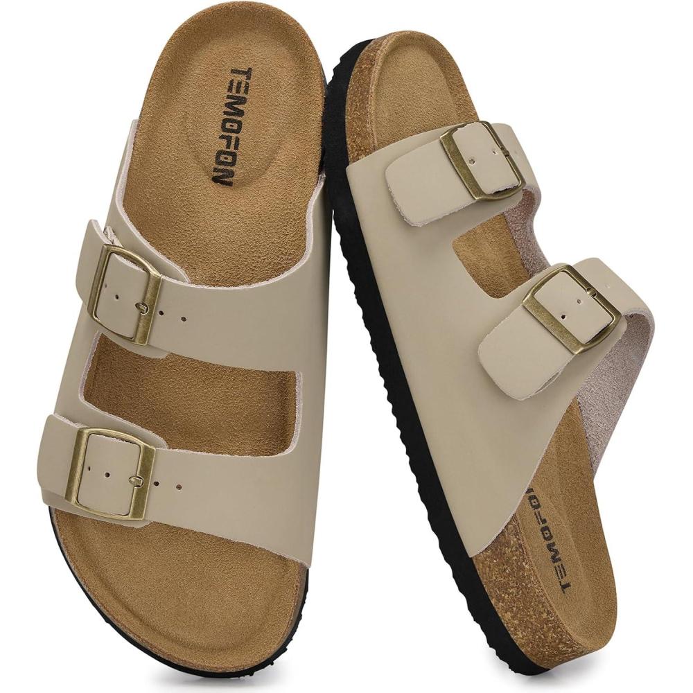 image:imageTEMOFON Womens Cork Footbed Sandals Genuine Leather Comfortable Arch Support SlipOn Summer Slide Sandals with Adjustable Buckle Size 61194beige