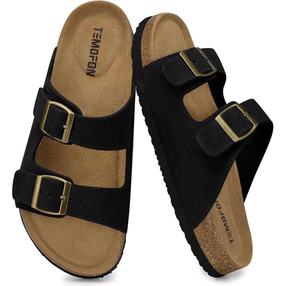 image:imageTEMOFON Womens Cork Footbed Sandals Genuine Leather Comfortable Arch Support SlipOn Summer Slide Sandals with Adjustable Buckle Size 61194black