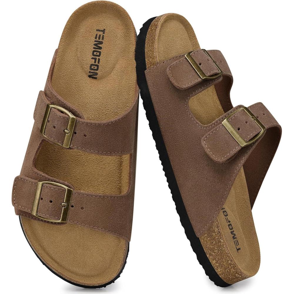 image:imageTEMOFON Womens Cork Footbed Sandals Genuine Leather Comfortable Arch Support SlipOn Summer Slide Sandals with Adjustable Buckle Size 61194brown