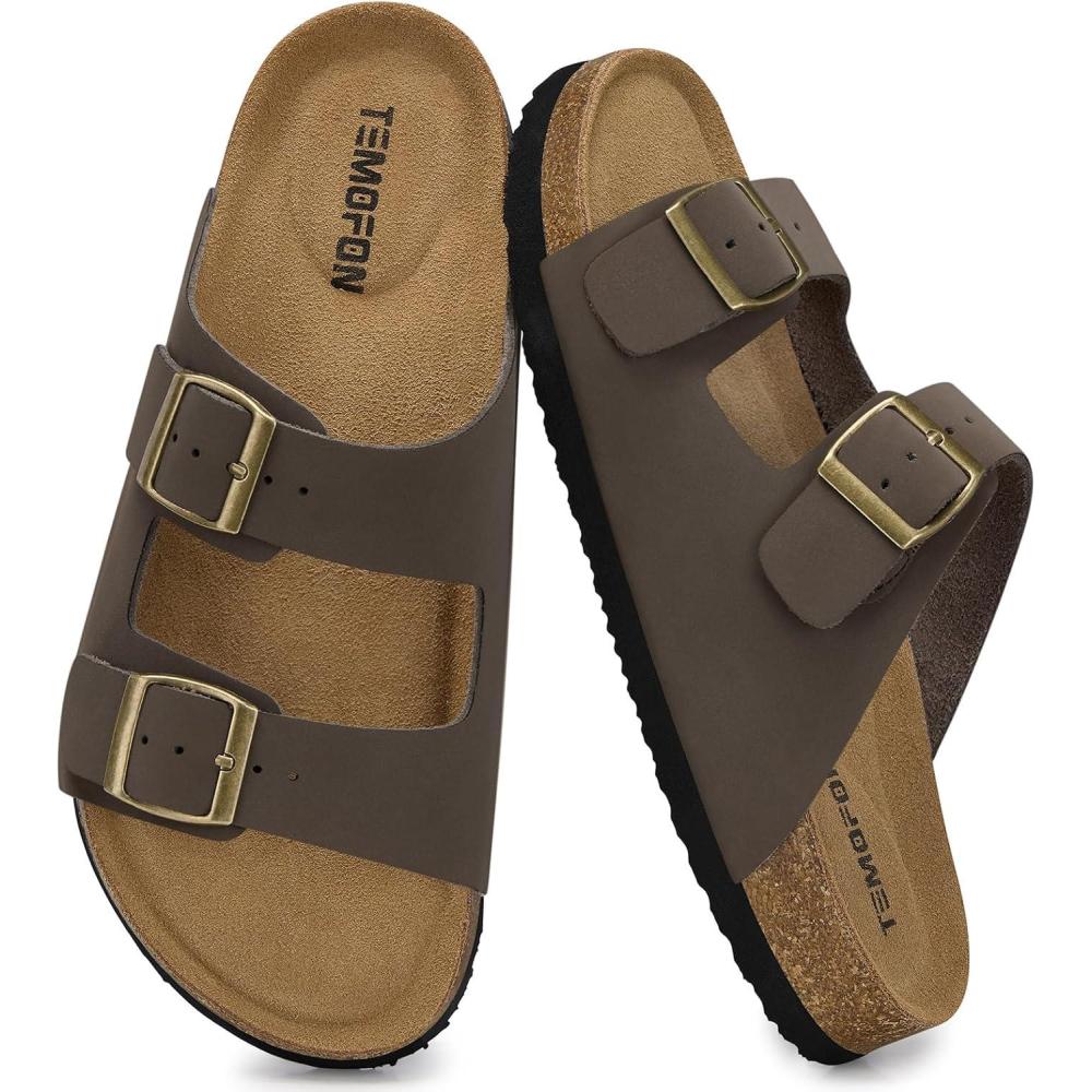 image:imageTEMOFON Womens Cork Footbed Sandals Genuine Leather Comfortable Arch Support SlipOn Summer Slide Sandals with Adjustable Buckle Size 61194brownness