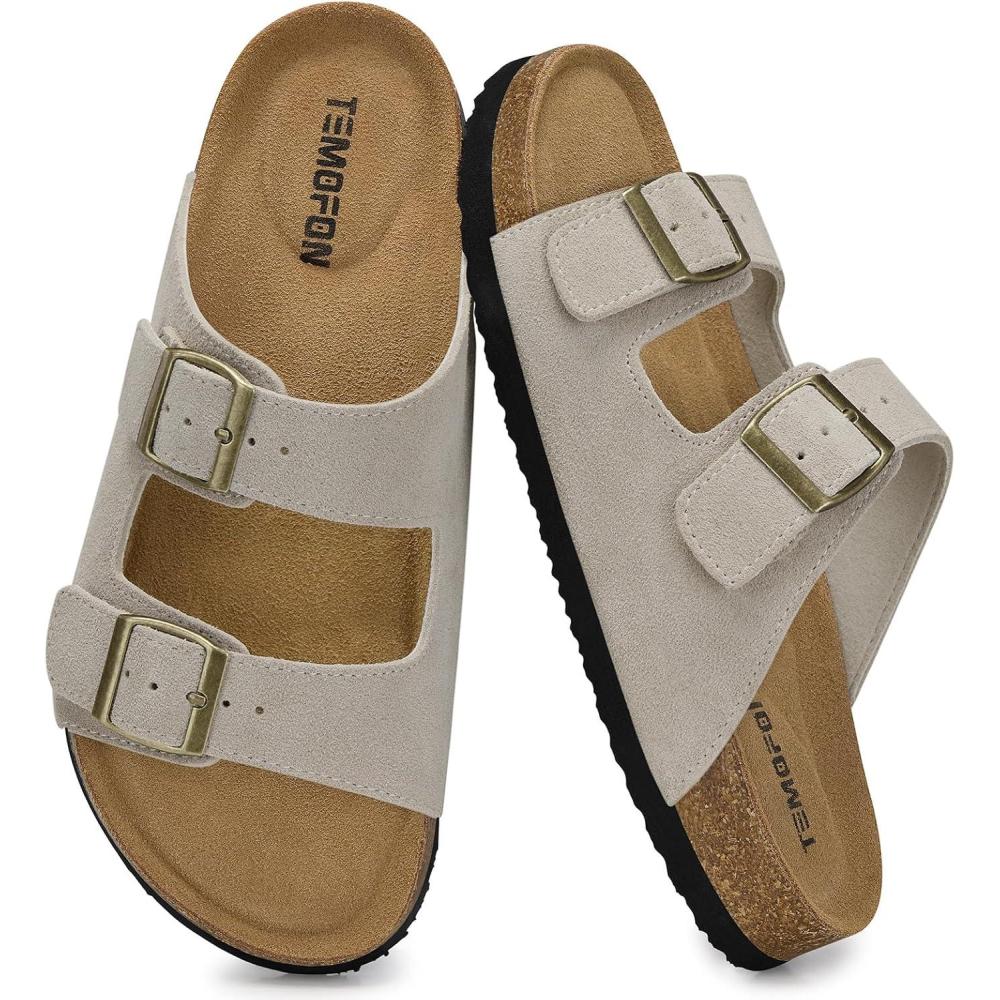 image:imageTEMOFON Womens Cork Footbed Sandals Genuine Leather Comfortable Arch Support SlipOn Summer Slide Sandals with Adjustable Buckle Size 61194stone
