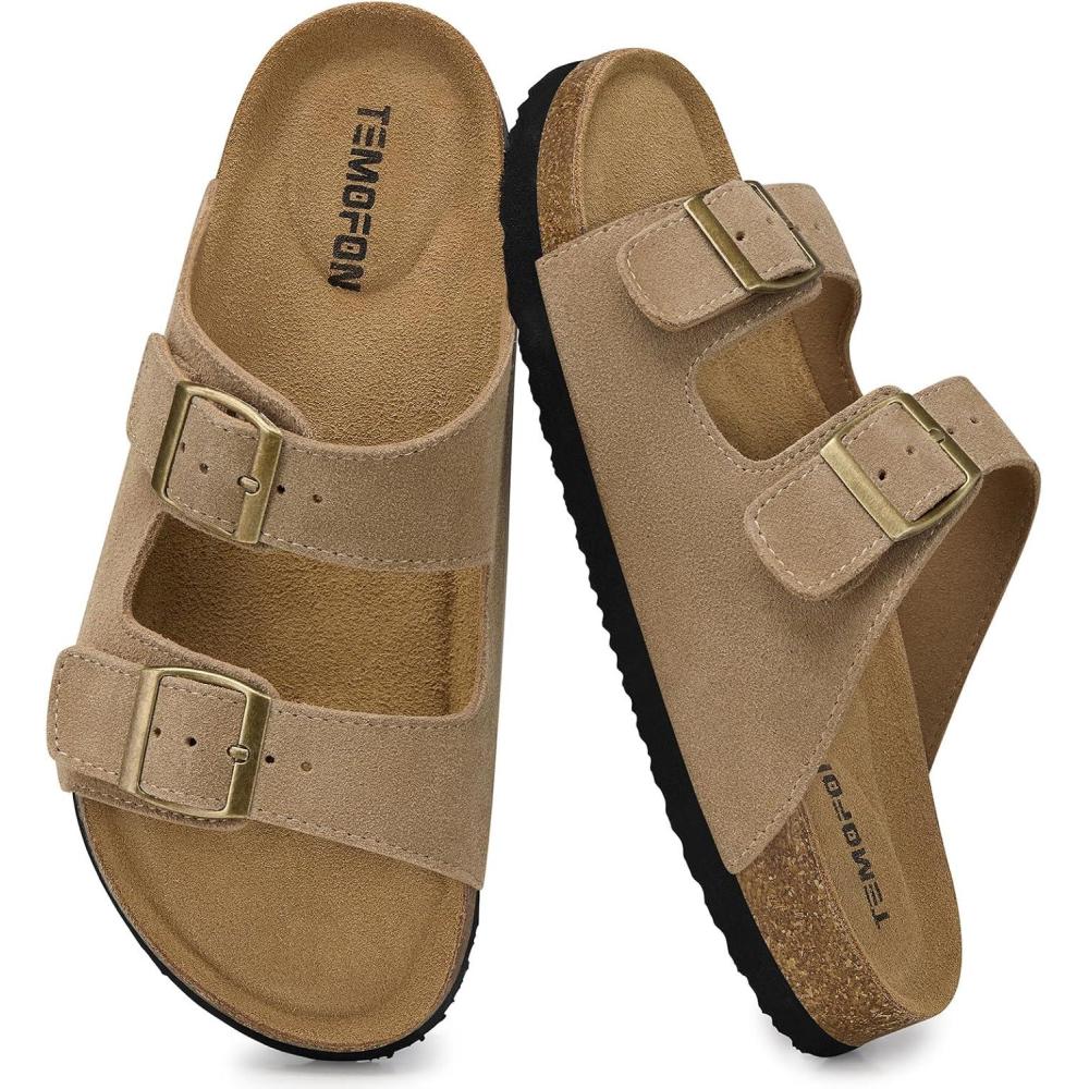 image:imageTEMOFON Womens Cork Footbed Sandals Genuine Leather Comfortable Arch Support SlipOn Summer Slide Sandals with Adjustable Buckle Size 61194tan