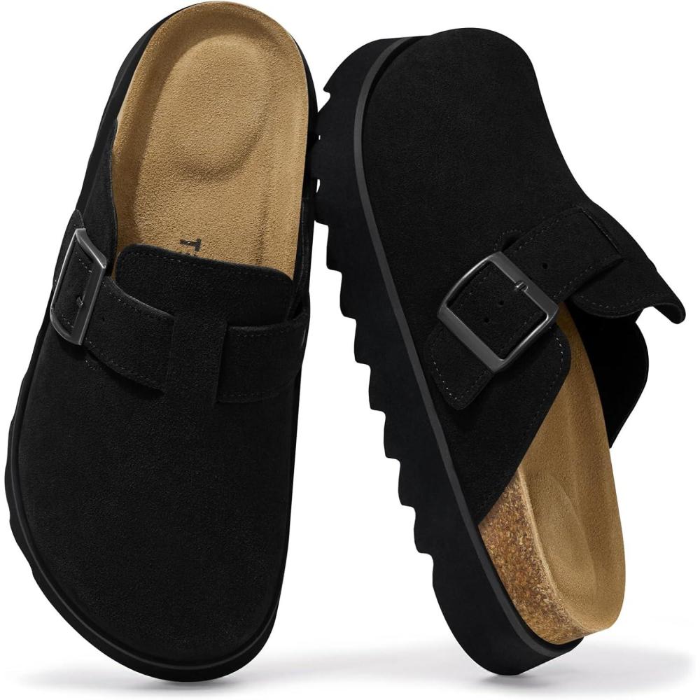 image:imageTEMOFON Womens Platform Clogs Shoes Genuine Leather Slip on Mules Comfortable Cork Footbed Closed Toe Sandals ShoesBlack