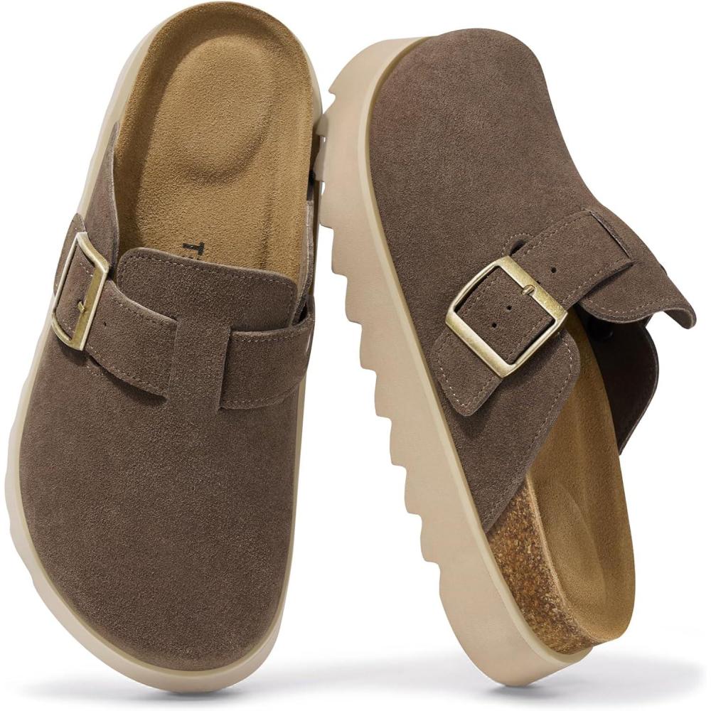 image:imageTEMOFON Womens Platform Clogs Shoes Genuine Leather Slip on Mules Comfortable Cork Footbed Closed Toe Sandals ShoesBrown