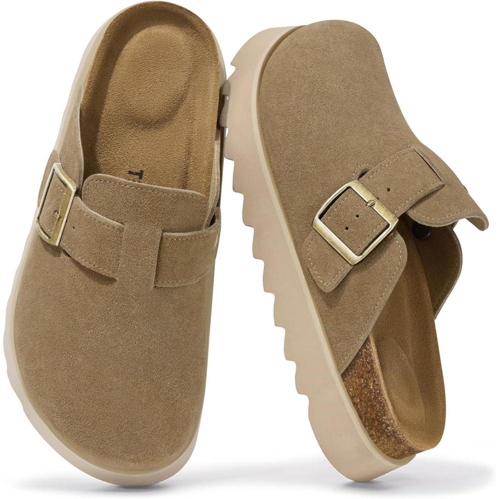 image:imageTEMOFON Womens Platform Clogs Shoes Genuine Leather Slip on Mules Comfortable Cork Footbed Closed Toe Sandals ShoesTaupe