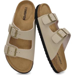 TEMOFON Women’s Cork Footbed Sandals: Genuine Leather Comfortable Arch Support Slip-On Summer Slide Sandals with Adjustable Buckle Size 6-11(94-beige)