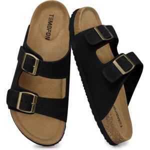 TEMOFON Women’s Cork Footbed Sandals: Genuine Leather Comfortable Arch Support Slip-On Summer Slide Sandals with Adjustable Buckle Size 6-11(94-black)
