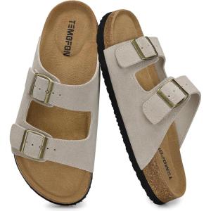 TEMOFON Women’s Cork Footbed Sandals: Genuine Leather Comfortable Arch Support Slip-On Summer Slide Sandals with Adjustable Buckle Size 6-11(94-stone)