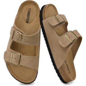 TEMOFON Women’s Cork Footbed Sandals: Genuine Leather Comfortable Arch Support Slip-On Summer Slide Sandals with Adjustable Buckle Size 6-11(94-tan)