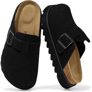 TEMOFON Women’s Platform Clogs Shoes: Genuine Leather Slip on Mules Comfortable Cork Footbed Closed Toe Sandals Shoes(Black)
