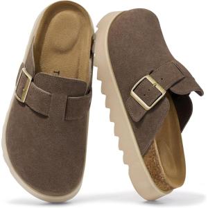 TEMOFON Women’s Platform Clogs Shoes: Genuine Leather Slip on Mules Comfortable Cork Footbed Closed Toe Sandals Shoes(Brown)