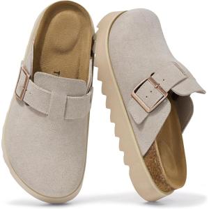 TEMOFON Women’s Platform Clogs Shoes: Genuine Leather Slip on Mules Comfortable Cork Footbed Closed Toe Sandals Shoes(Grey)