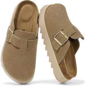 TEMOFON Women’s Platform Clogs Shoes: Genuine Leather Slip on Mules Comfortable Cork Footbed Closed Toe Sandals Shoes(Taupe)