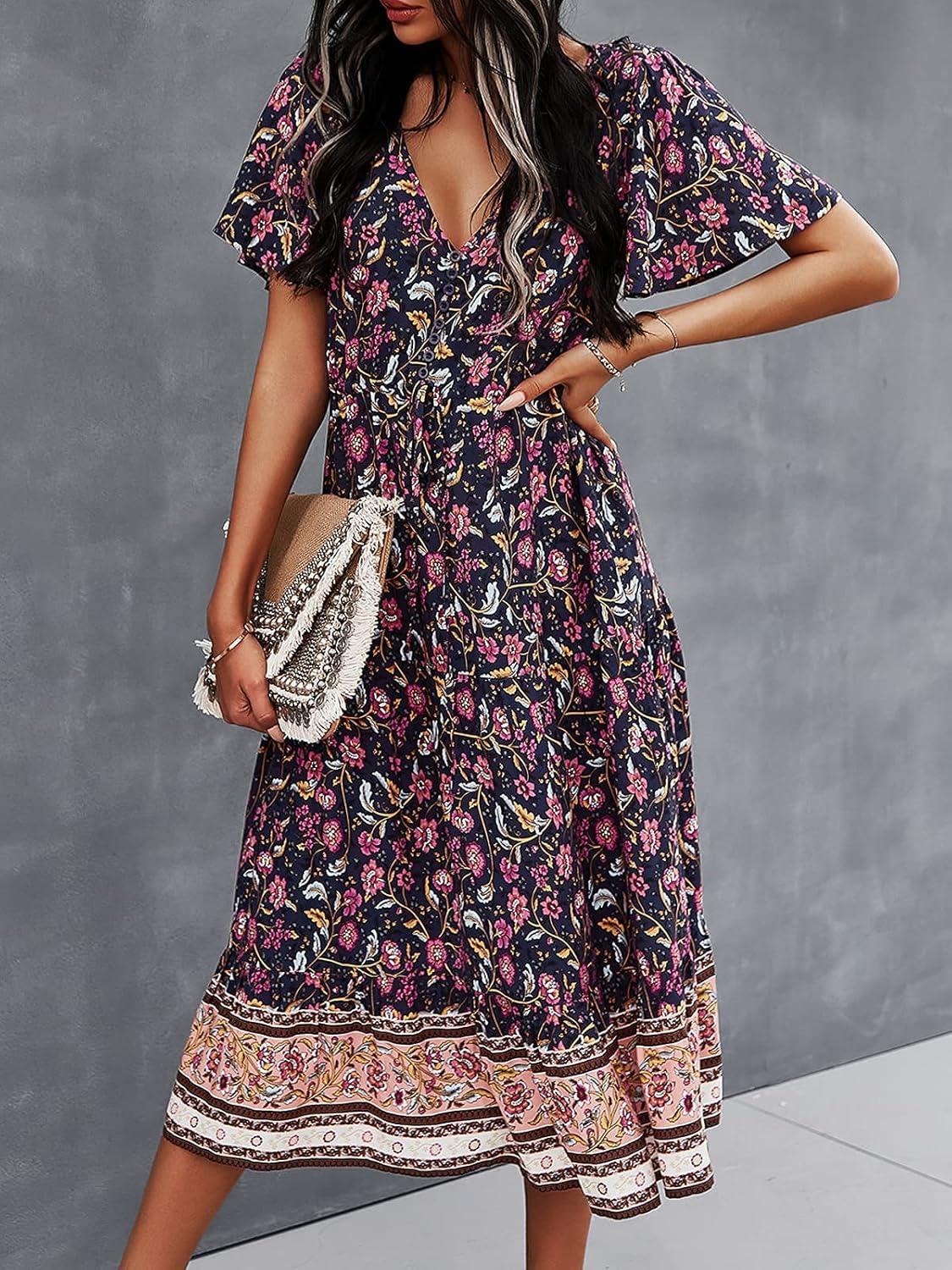 image:imageTEMOFON Women Dress Summer Sleeveless Bohemian Floral V Neck Button Down Flowy Boho Dresses SXL3333dark Blue