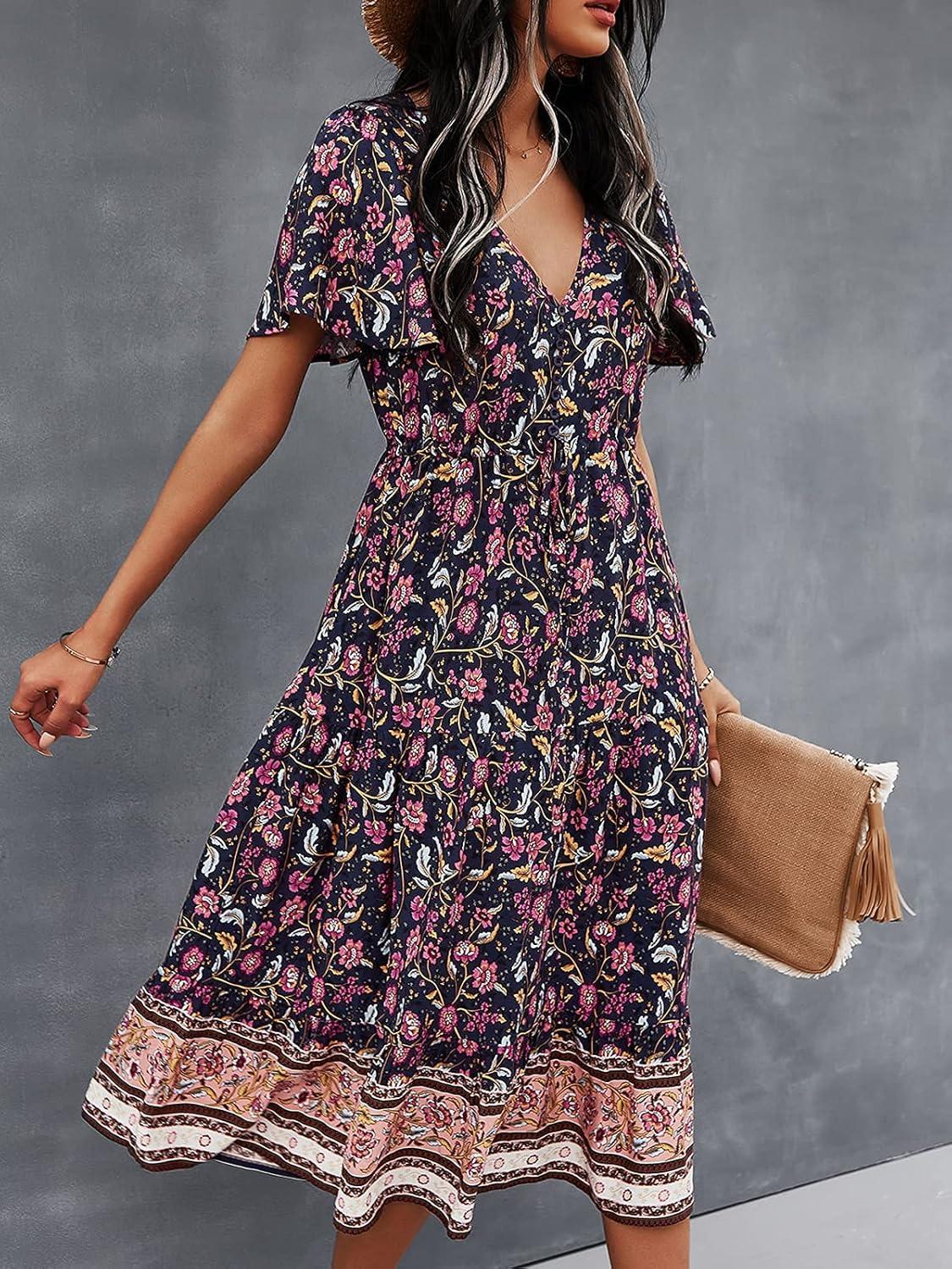 image:imageTEMOFON Women Dress Summer Sleeveless Bohemian Floral V Neck Button Down Flowy Boho Dresses SXL3333dark Blue