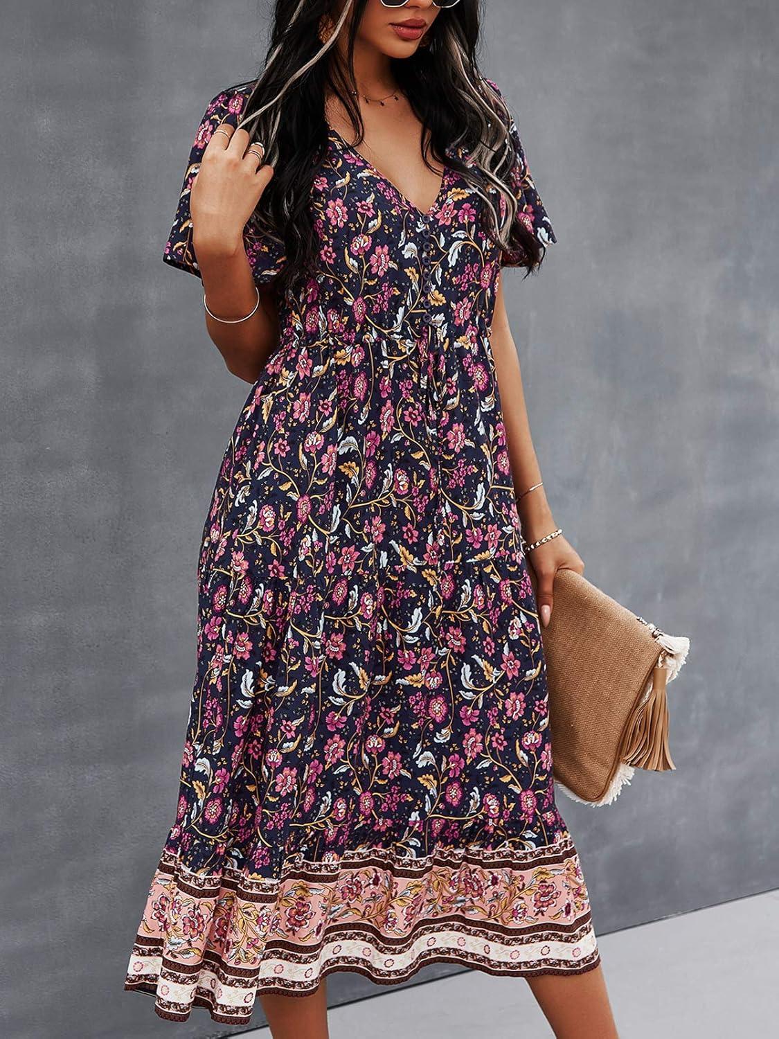 image:imageTEMOFON Women Dress Summer Sleeveless Bohemian Floral V Neck Button Down Flowy Boho Dresses SXL3333dark Blue