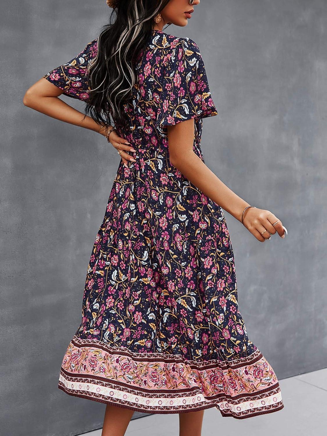 image:imageTEMOFON Women Dress Summer Sleeveless Bohemian Floral V Neck Button Down Flowy Boho Dresses SXL3333dark Blue