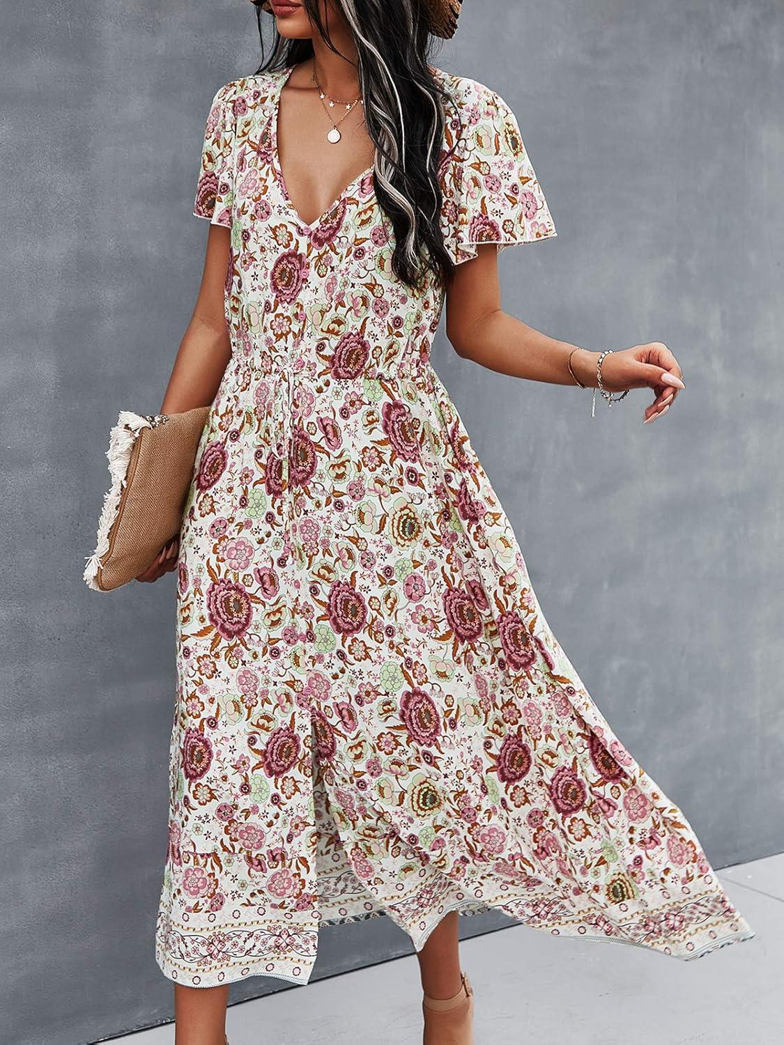 image:imageTEMOFON Women Dress Summer Sleeveless Bohemian Floral V Neck Button Down Flowy Boho Dresses SXL3345white