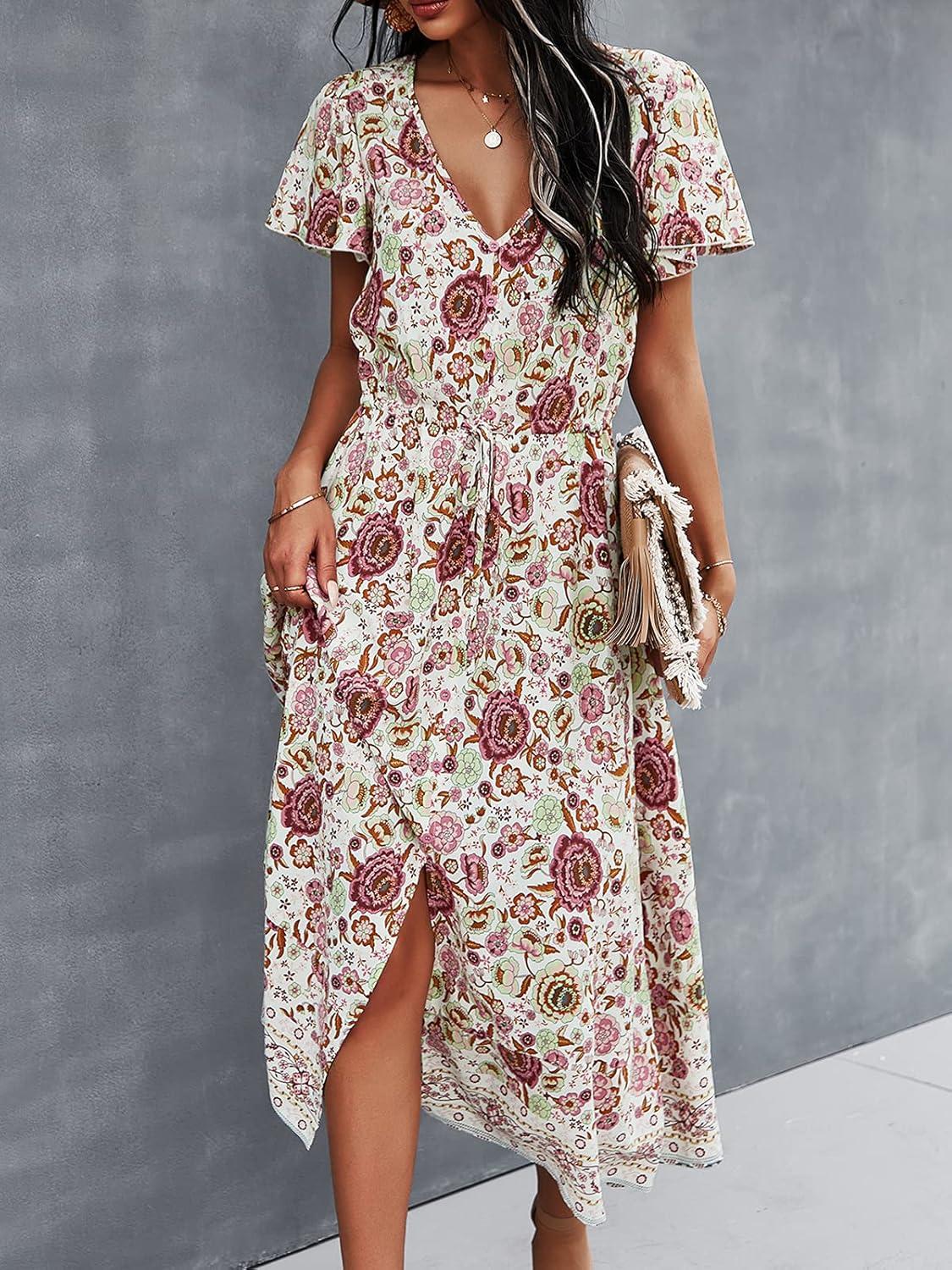 image:imageTEMOFON Women Dress Summer Sleeveless Bohemian Floral V Neck Button Down Flowy Boho Dresses SXL3345white