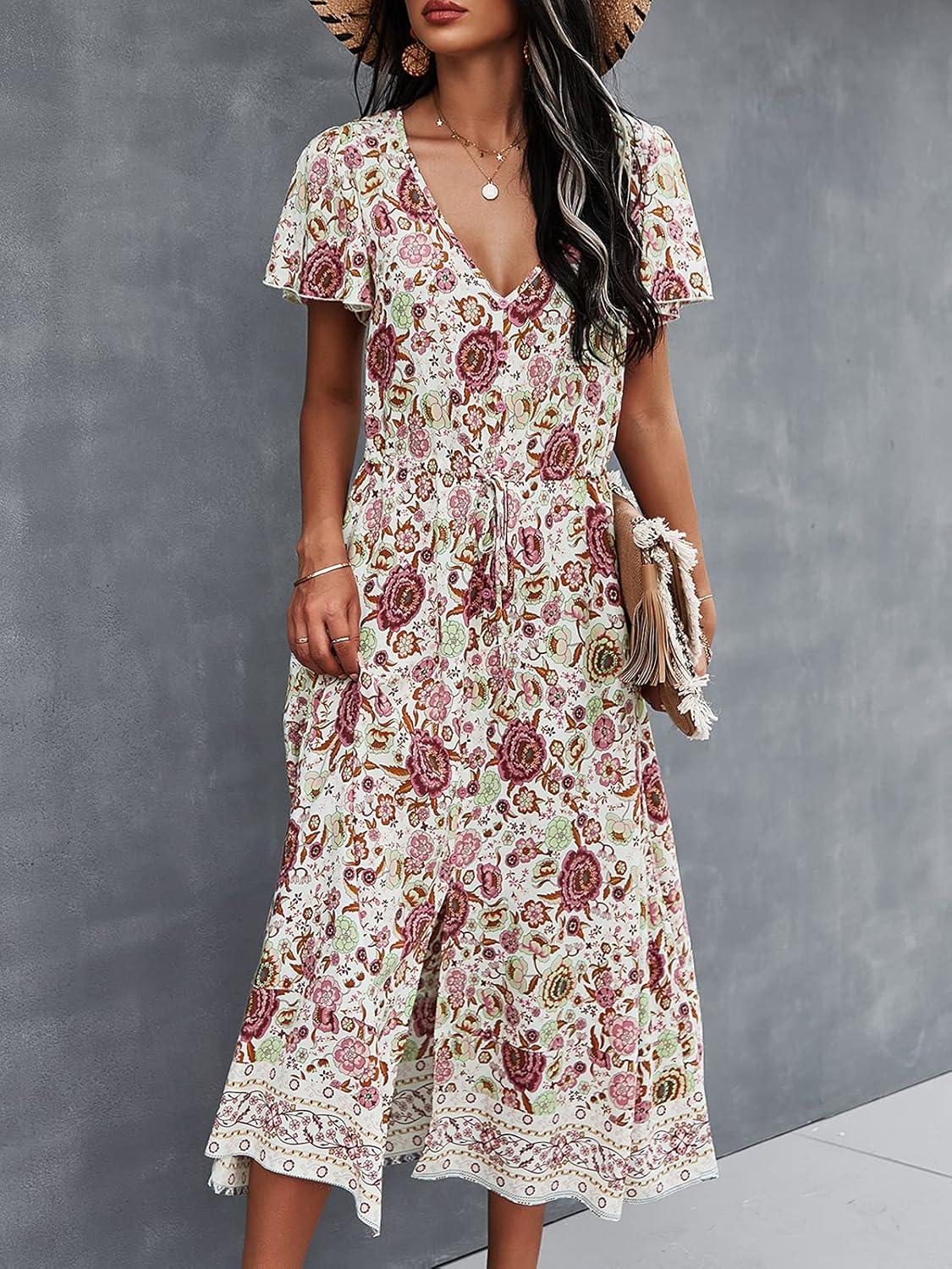 image:imageTEMOFON Women Dress Summer Sleeveless Bohemian Floral V Neck Button Down Flowy Boho Dresses SXL3345white