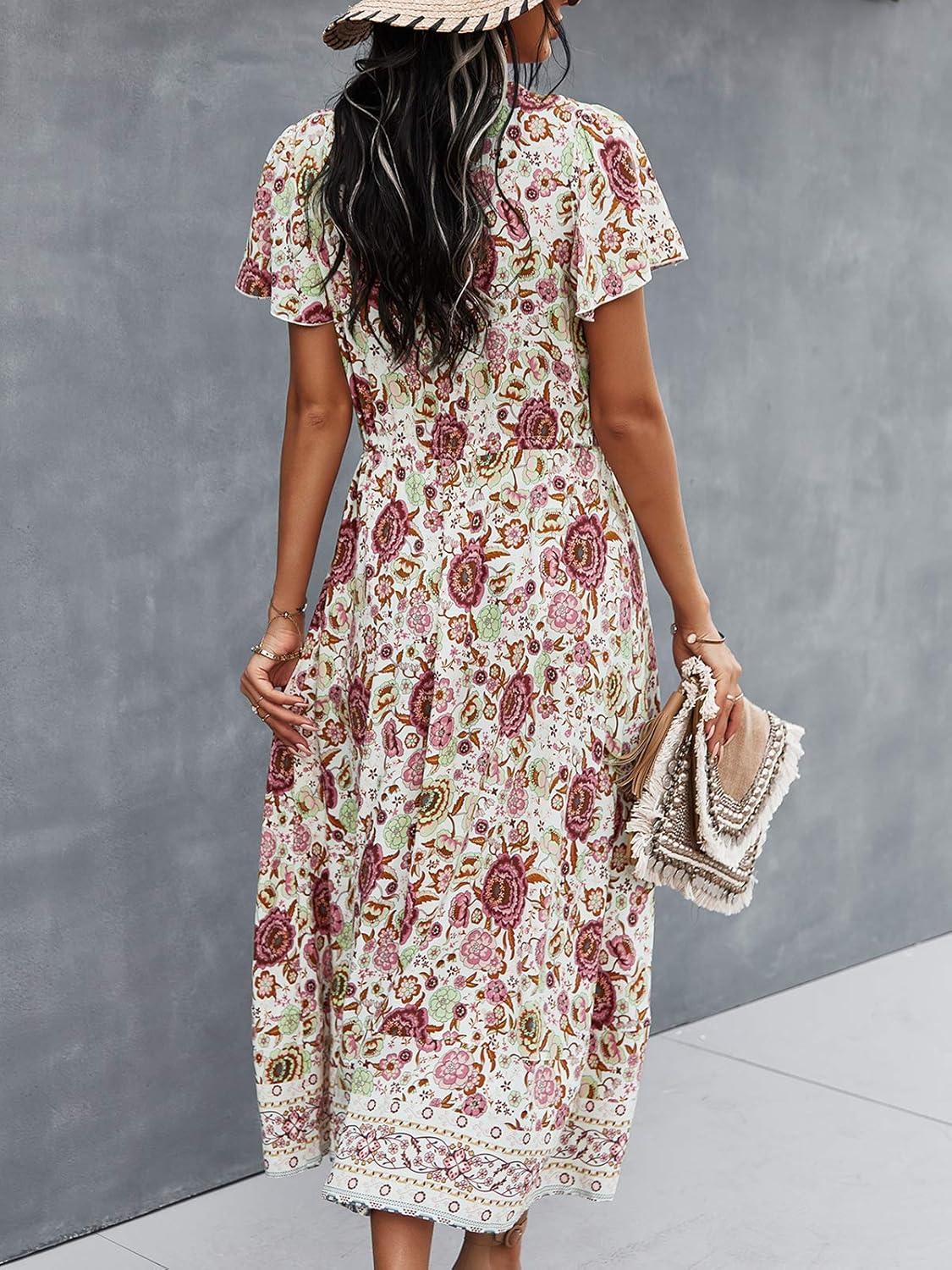image:imageTEMOFON Women Dress Summer Sleeveless Bohemian Floral V Neck Button Down Flowy Boho Dresses SXL3345white