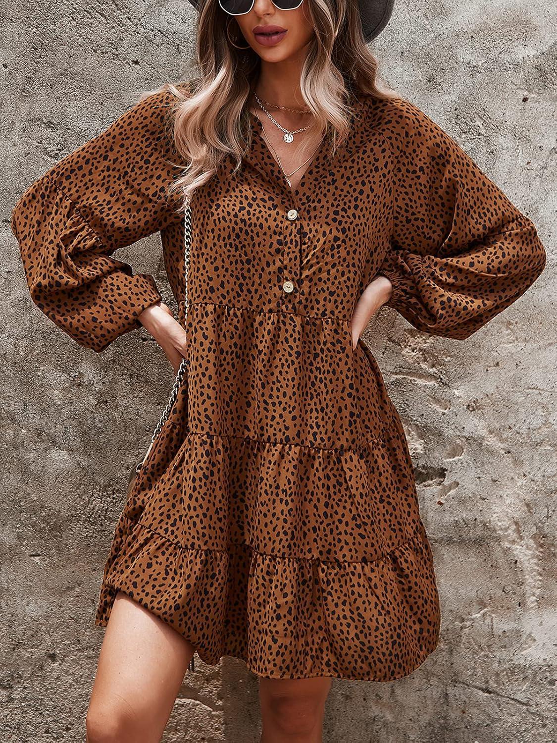 image:imageTEMOFON Womens Long Sleeve Dress Leopard Printed Tunic Casual Loose V Neck Fall Flowy Mini Dresses SXL