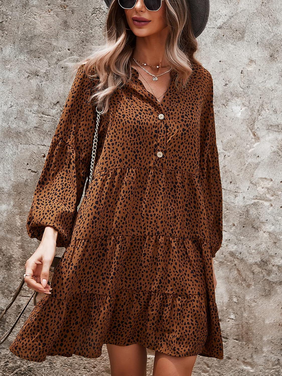 image:imageTEMOFON Womens Long Sleeve Dress Leopard Printed Tunic Casual Loose V Neck Fall Flowy Mini Dresses SXL