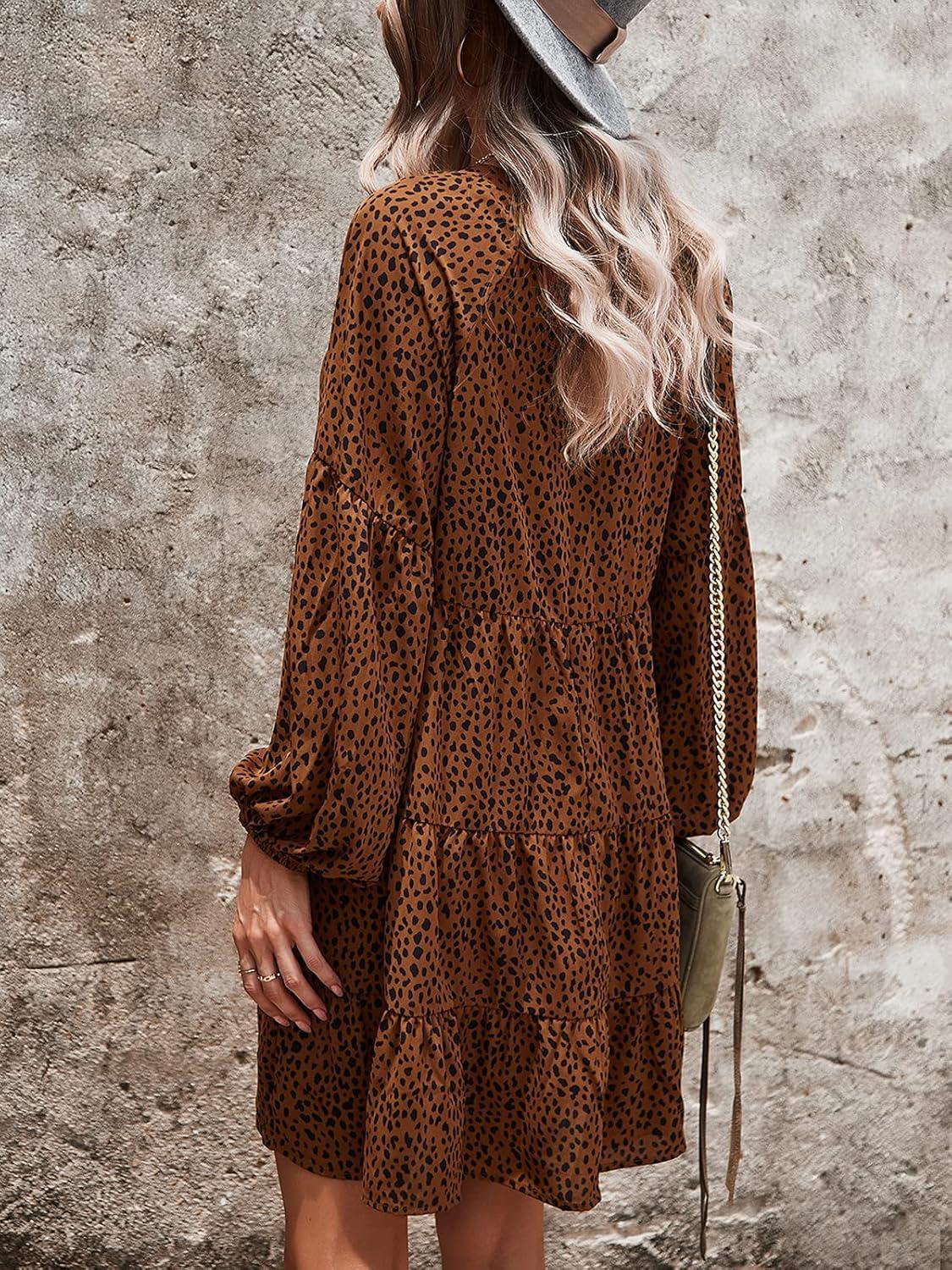 image:imageTEMOFON Womens Long Sleeve Dress Leopard Printed Tunic Casual Loose V Neck Fall Flowy Mini Dresses SXL