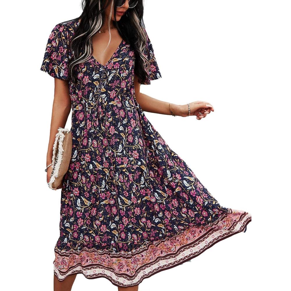 image:imageTEMOFON Women Dress Summer Sleeveless Bohemian Floral V Neck Button Down Flowy Boho Dresses SXL3333dark Blue