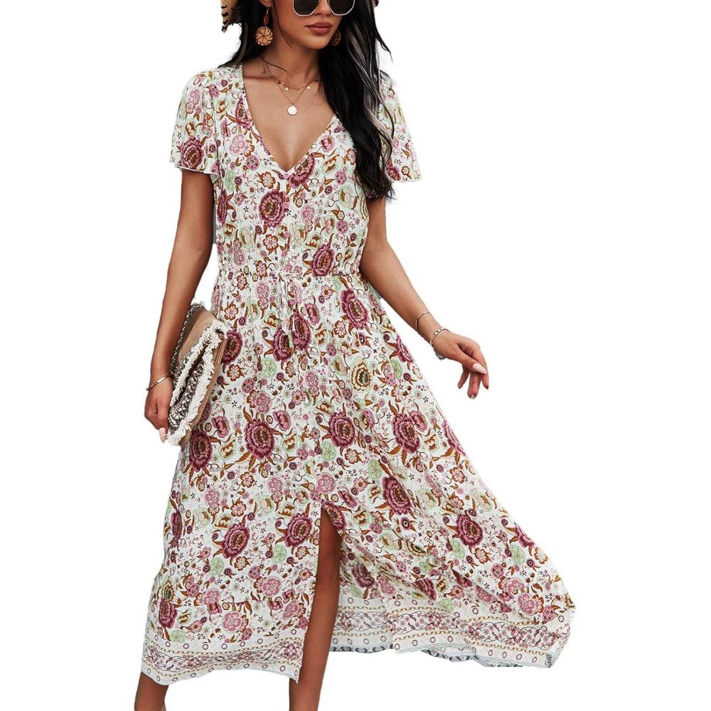 image:imageTEMOFON Women Dress Summer Sleeveless Bohemian Floral V Neck Button Down Flowy Boho Dresses SXL3345white