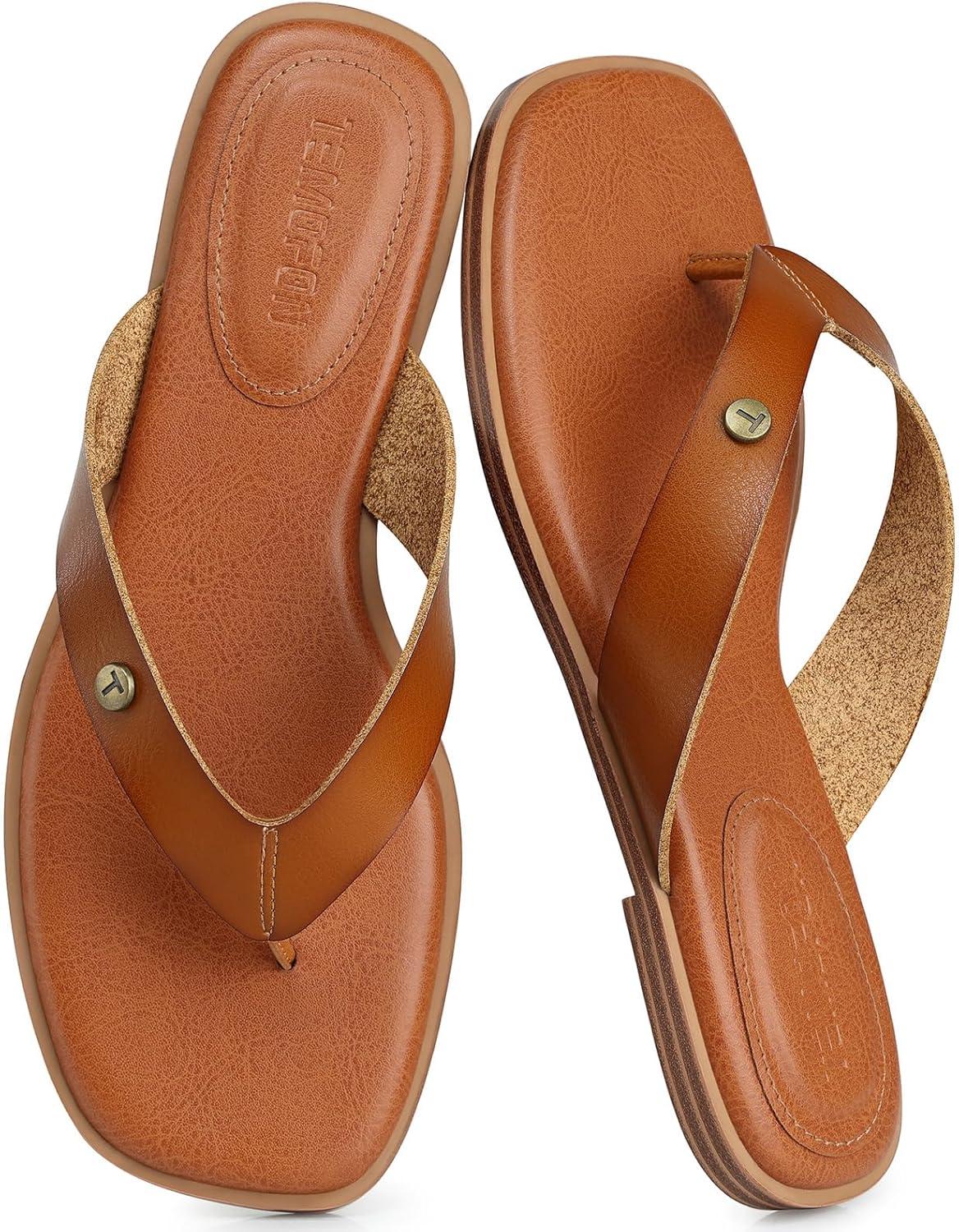 image:imageTEMOFON Flip Flops for Women Dressy Comfortable Flat Tong Sandals 2026 Slip on Summer Casual Beach Walking ShoesBrown