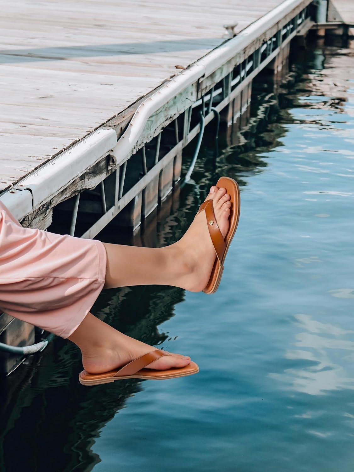 image:imageTEMOFON Flip Flops for Women Dressy Comfortable Flat Tong Sandals 2026 Slip on Summer Casual Beach Walking ShoesBrown
