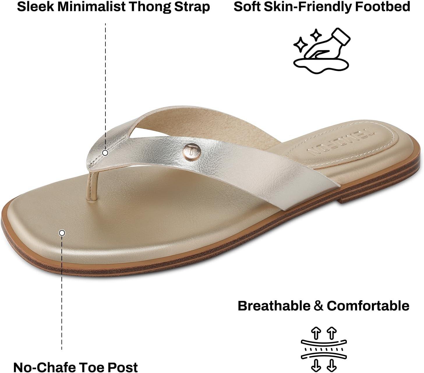 image:imageTEMOFON Flip Flops for Women Dressy Comfortable Flat Tong Sandals 2026 Slip on Summer Casual Beach Walking ShoesGold