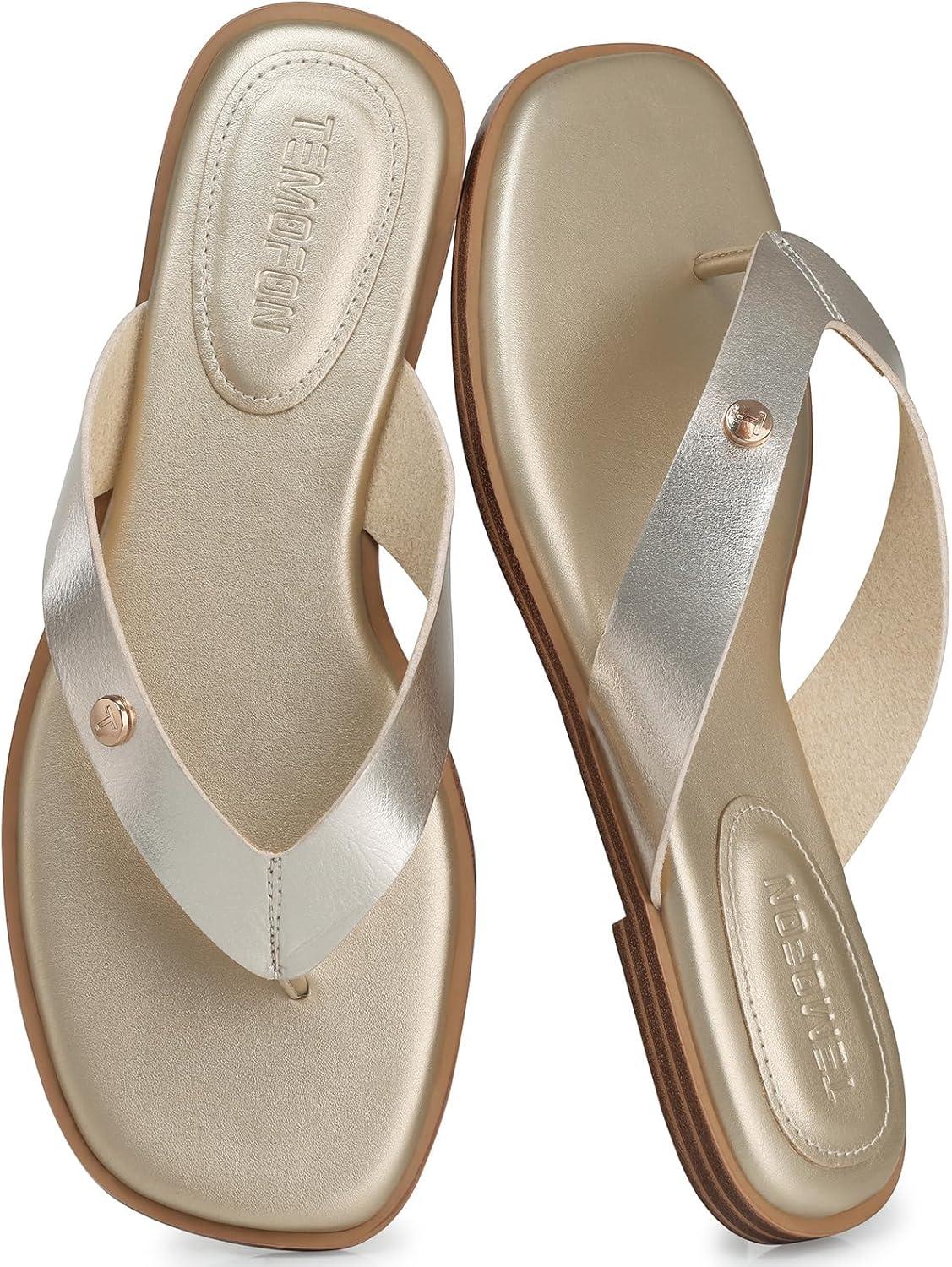 image:imageTEMOFON Flip Flops for Women Dressy Comfortable Flat Tong Sandals 2026 Slip on Summer Casual Beach Walking ShoesGold