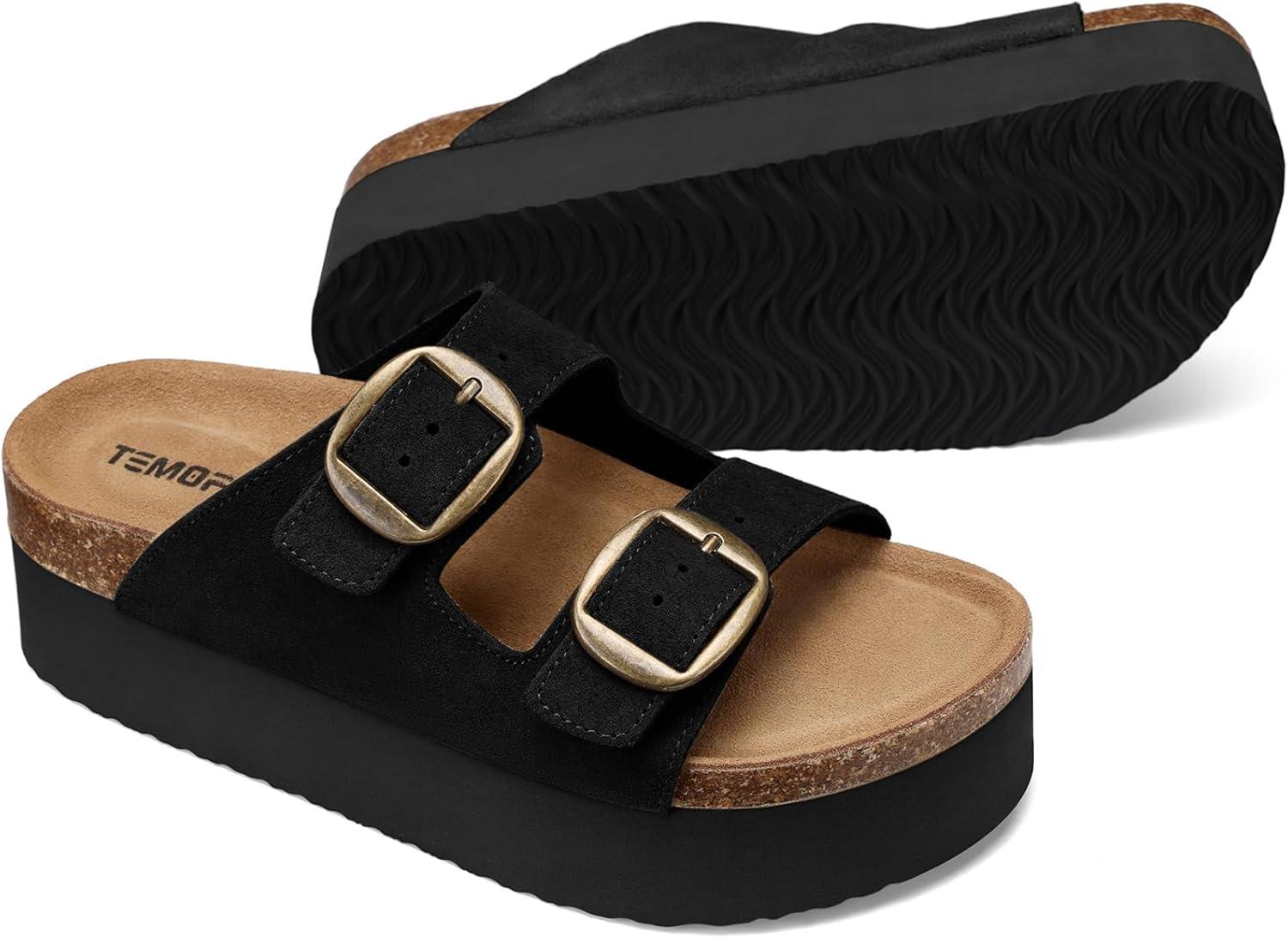 image:imageTEMOFON Platform Sandals Women Comfortable Arch Support Memory Foam Wedge Sandals Genuine Suede Cork Footbed Slip on Summer Beach Women Footwear 2026Black