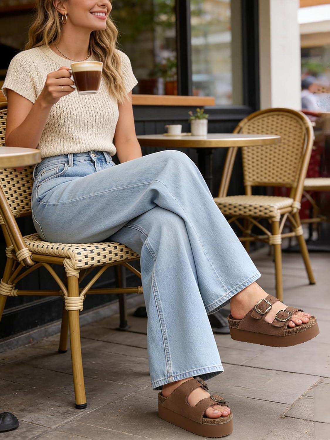 image:imageTEMOFON Platform Sandals Women Comfortable Arch Support Memory Foam Wedge Sandals Genuine Suede Cork Footbed Slip on Summer Beach Women Footwear 2026Brown