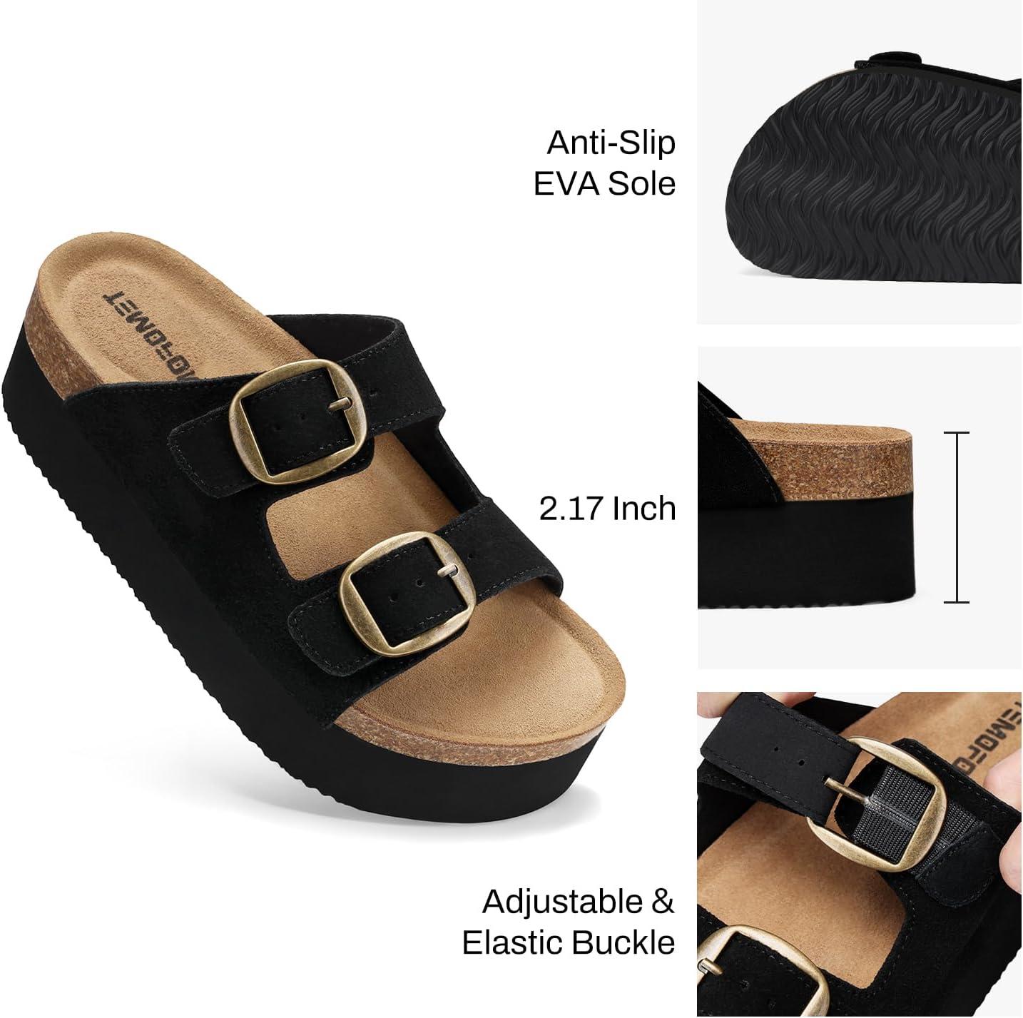 image:imageTEMOFON Platform Sandals Women Comfortable Arch Support Memory Foam Wedge Sandals Genuine Suede Cork Footbed Slip on Summer Beach Women Footwear 2026Black