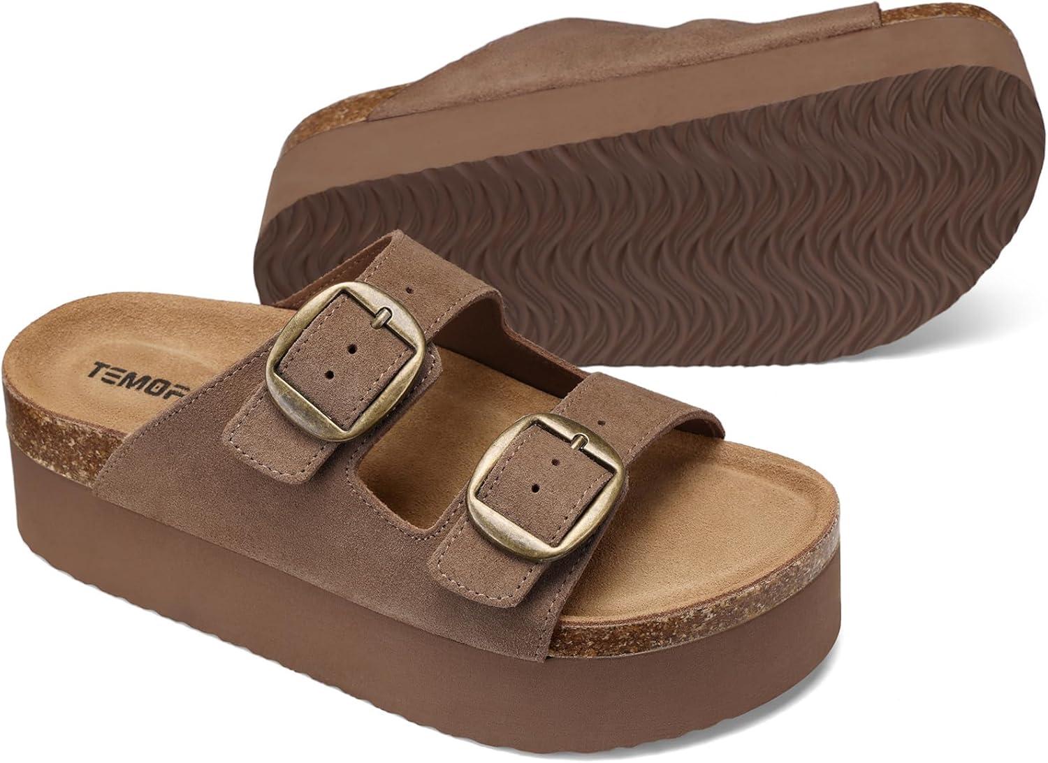 image:imageTEMOFON Platform Sandals Women Comfortable Arch Support Memory Foam Wedge Sandals Genuine Suede Cork Footbed Slip on Summer Beach Women Footwear 2026Brown