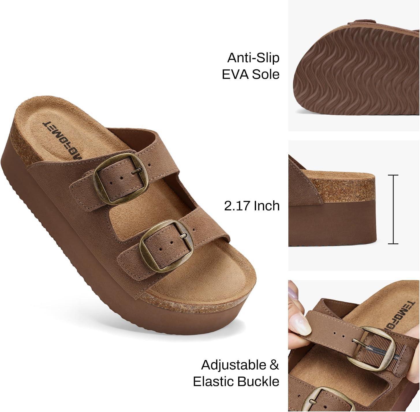 image:imageTEMOFON Platform Sandals Women Comfortable Arch Support Memory Foam Wedge Sandals Genuine Suede Cork Footbed Slip on Summer Beach Women Footwear 2026Brown