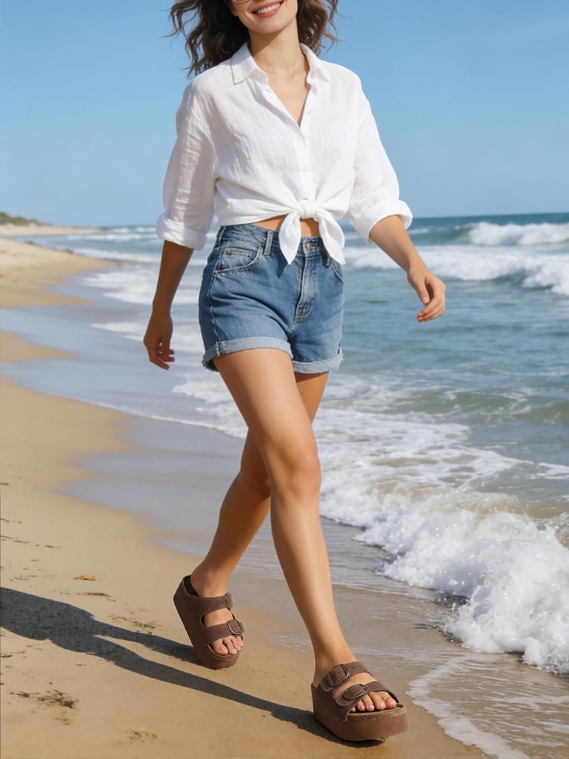 image:imageTEMOFON Platform Sandals Women Comfortable Arch Support Memory Foam Wedge Sandals Genuine Suede Cork Footbed Slip on Summer Beach Women Footwear 2026Brown